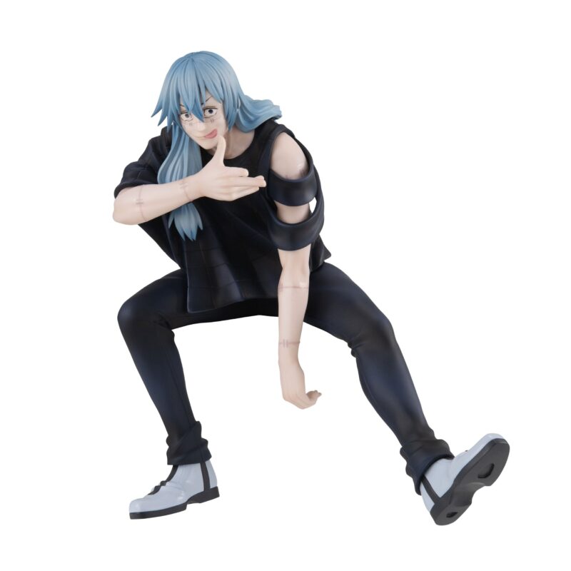 Figurine Noodle Stopper de Mahito de la série Jujutsu Kaisen en haut noir sans manches, en posture accroupie avec expression malicieuse, main levée comme pour lancer un sort. Vue de face à mi-distance.