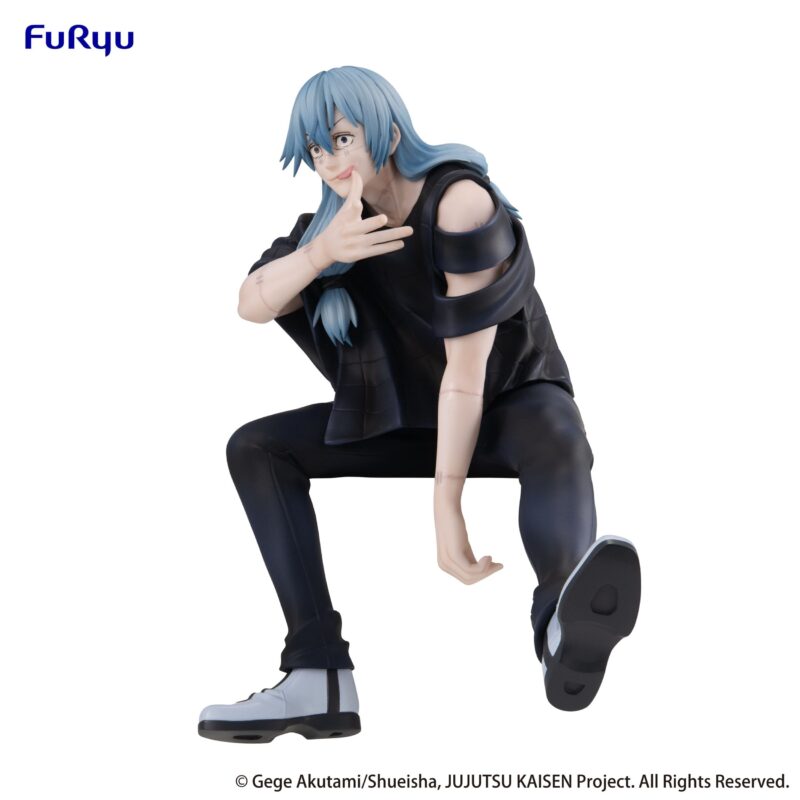 Figurine Noodle Stopper de Mahito de la série Jujutsu Kaisen en tenue noire, en posture accroupie avec expression intense, vue de face à mi-distance.