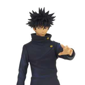 Figurine Banpresto de Megumi Fushiguro de Jujutsu Kaisen en tenue bleue foncée, posture dynamique avec expression sérieuse, un bras levé. Vue de trois-quarts avant à mi-distance.
