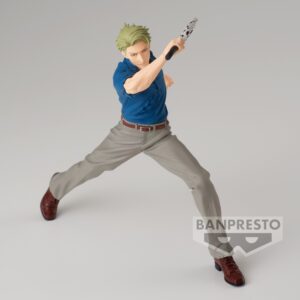 Figurine de Kento Nanami de la série Jujutsu Kaisen en chemise bleu foncé, en posture dynamique avec expression déterminée, tenant un objet en forme de batte. Vue de face à mi-distance.