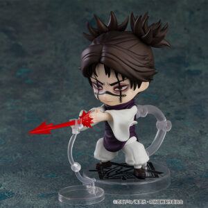 Nendoroid de Choso de la série Jujutsu Kaisen en kimono violet, en posture dynamique pointant une flèche rouge, avec expression féroce. Vue de face à mi-distance.