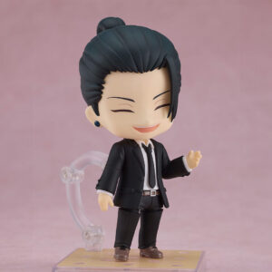 Nendoroid de Suguru Geto de la série Jujutsu Kaisen en costume noir, en posture amicale avec un sourire, main levée. Vue de face à mi-distance.