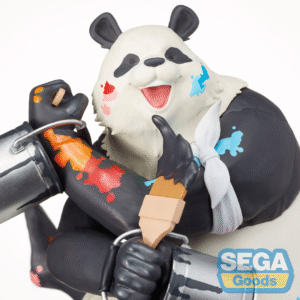 Figurine Panda de la série Jujutsu Kaisen, en pose dynamique avec un grand sourire, tenant un pinceau et une boîte de peinture. Vue de face à mi-distance.