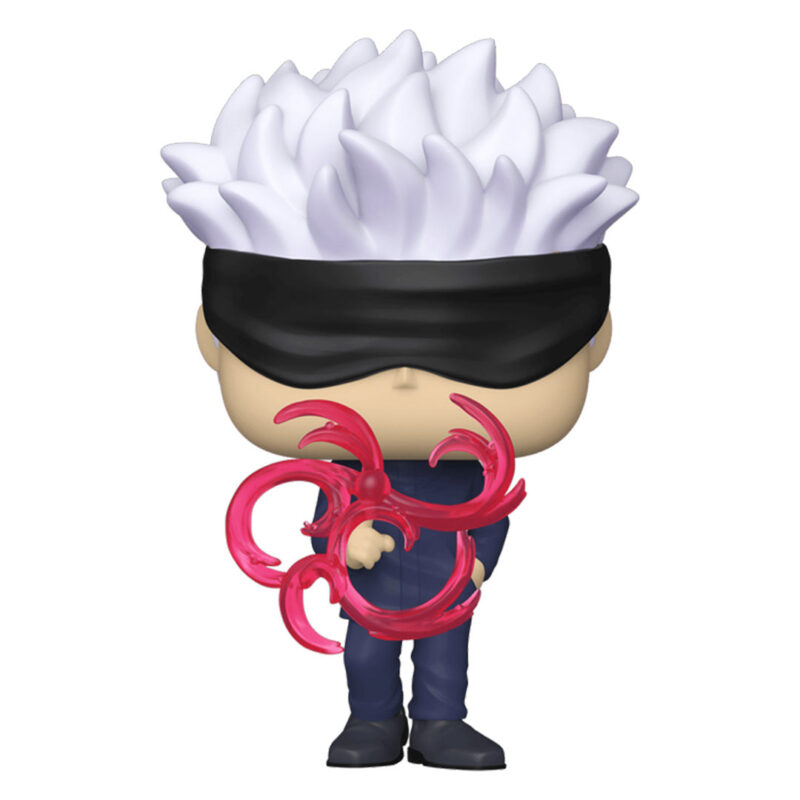 Figurine Funko Pop! de Gojo Satoru de la série Jujutsu Kaisen en tenue bleu foncé, en posture droite avec expression neutre, tenant un objet rouge tourbillonnant. Vue de face à mi-distance.