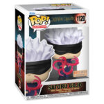 Figurine Funko Pop! de Satoru Gojo de la série Jujutsu Kaisen en uniforme noir, en posture dynamique avec expression confiante, entouré d'énergie rose. Vue de face à mi-distance.