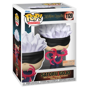 Figurine Funko Pop! de Satoru Gojo de la série Jujutsu Kaisen en uniforme noir, en posture dynamique avec expression confiante, entouré d'énergie rose. Vue de face à mi-distance.