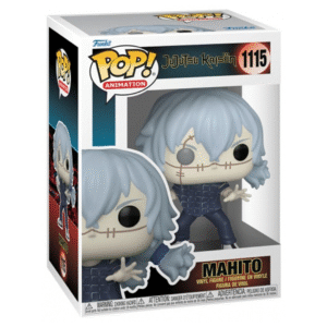 Figurine Funko Pop! de Mahito de la série Jujutsu Kaisen en tenue bleu foncé, en posture de manipulation avec expression malicieuse, vue de face à mi-distance.