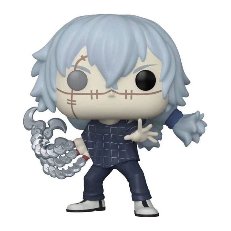Figurine Funko Pop! de Mahito de la série Jujutsu Kaisen en chemise à motifs, en posture légèrement inclinée avec expression malicieuse, armé d'une main en forme de griffe. Vue de face à mi-distance.