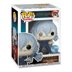 Figurine Funko Pop! de Mahito de la série Jujutsu Kaisen en tenue sombre, en posture dynamique avec expression malicieuse, vue de face à mi-distance.