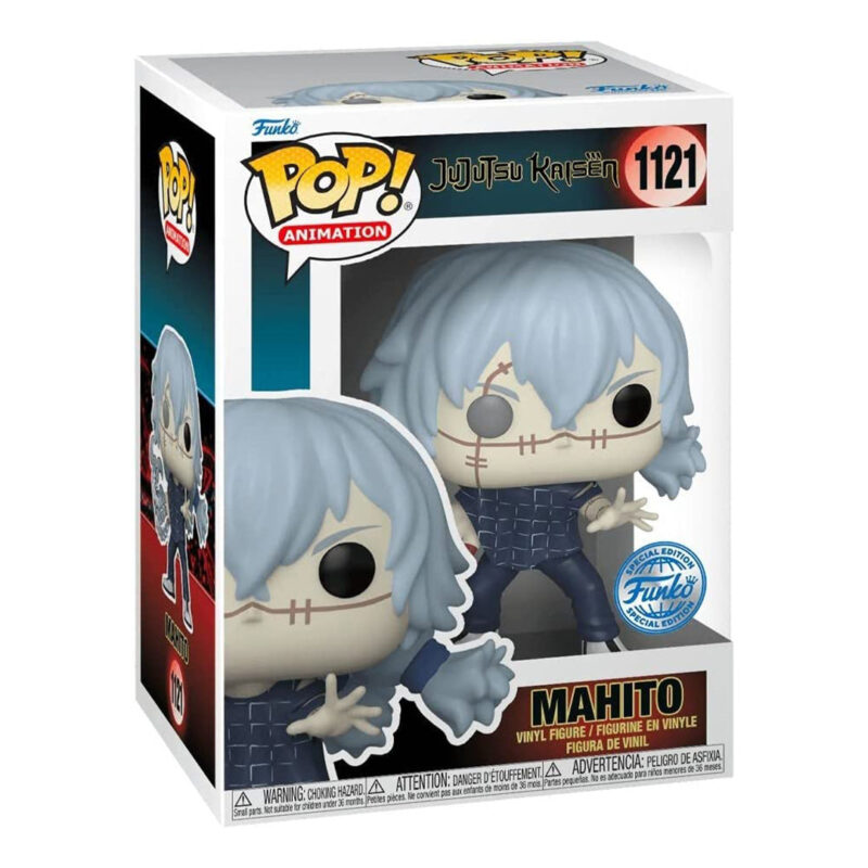 Figurine Funko Pop! de Mahito de la série Jujutsu Kaisen en tenue sombre, en posture dynamique avec expression malicieuse, vue de face à mi-distance.