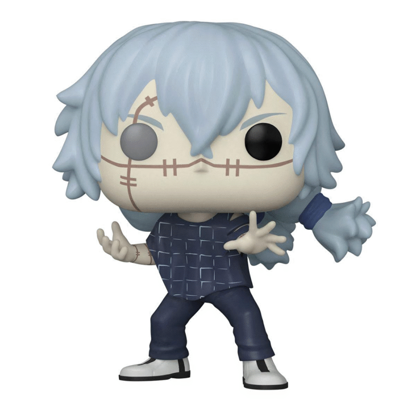Figurine Funko Pop! de Mahito de la série Jujutsu Kaisen en chemise à carreaux sombre, en posture dynamique avec expression malicieuse, vue de face à mi-distance.