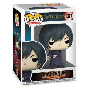 Figurine Funko Pop! de Mai Zen’in de la série Jujutsu Kaisen en uniforme bleu marine, en posture avec une main ouverte et expression neutre, sans accessoires. Vue de face à mi-distance.