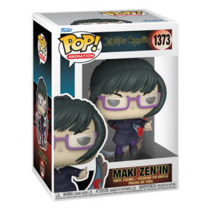 Figurine Funko Pop! de Maki Zen'in de la série Jujutsu Kaisen en tenue sombre avec accents violets et rouges, en posture dynamique avec expression déterminée, vue de face à mi-distance.
