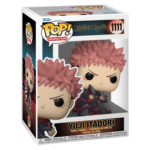 Figurine Funko Pop! de Yuji Itadori de la série Jujutsu Kaisen en tenue sombre avec détails rouges, en posture déterminée avec expression intense. Vue de face à mi-distance.
