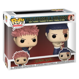 Figurines Funko Pop! de Yuji Itadori et Aoi Todo de la série Jujutsu Kaisen, Yuji en tenue sombre et Aoi torse nu, en posture déterminée, vue de face à mi-distance.