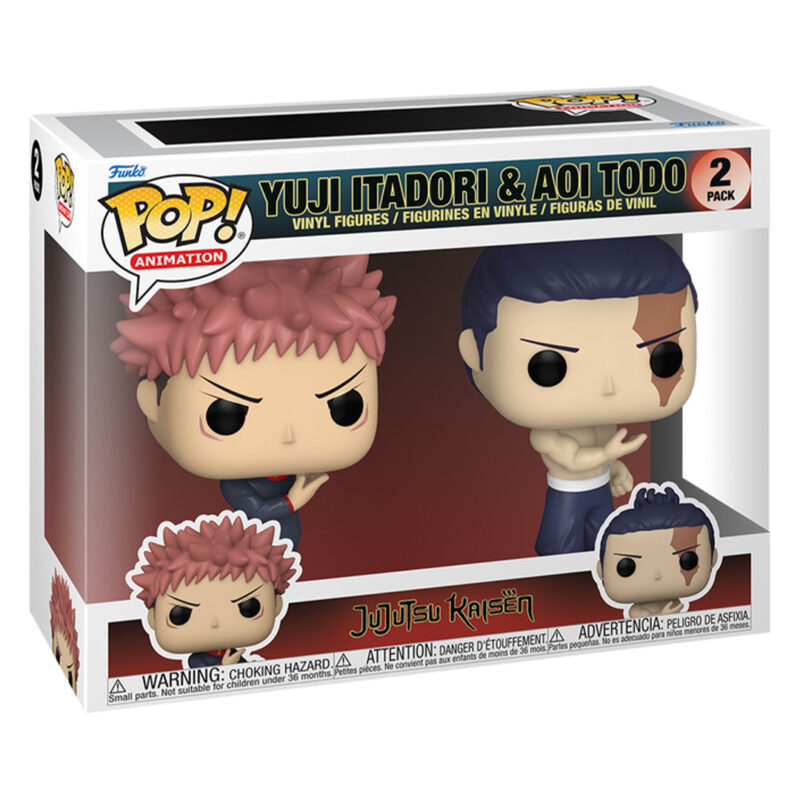 Figurines Funko Pop! de Yuji Itadori et Aoi Todo de la série Jujutsu Kaisen, Yuji en tenue sombre et Aoi torse nu, en posture déterminée, vue de face à mi-distance.