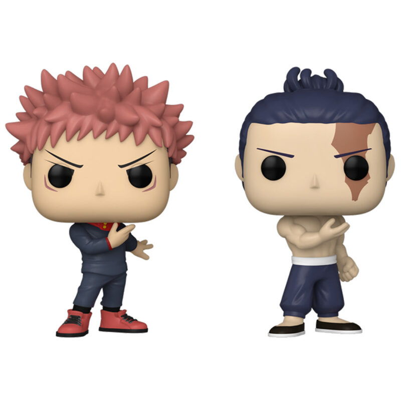 Figurines Funko Pop! de Yuji Itadori et Aoi Todo de la série Jujutsu Kaisen, en posture confiante avec expressions assertives, vue de face à mi-distance.