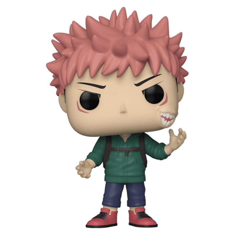 Figurine Funko Pop! de Yuji Itadori de la série Jujutsu Kaisen en hoodie vert, en posture gestuelle avec expression déterminée, présentant une bouche avec des dents acérées. Vue de face à mi-distance.