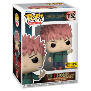Figurine Funko Pop! de Yuji Itadori de la série Jujutsu Kaisen en uniforme vert, en posture dynamique avec expression déterminée, montrant la bouche de Sukuna. Vue 3/4 à mi-distance.