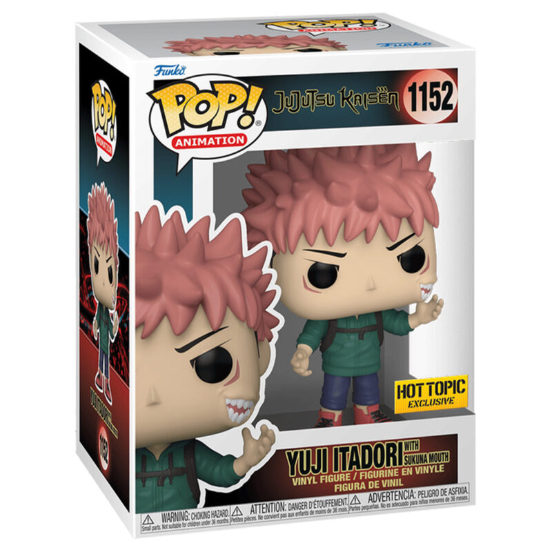 Figurine Funko Pop! de Yuji Itadori de la série Jujutsu Kaisen en uniforme vert, en posture dynamique avec expression déterminée, montrant la bouche de Sukuna. Vue 3/4 à mi-distance.