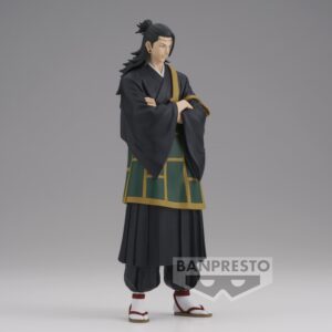 Figurine King of Artist de Suguru Geto de la série Jujutsu Kaisen en kimono noir et hakama vert, en posture calme avec expression confiante, vue de face à mi-distance.