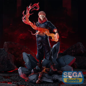 Figurine Luminasta de Ryomen Sukuna de la série Jujutsu Kaisen en tenue sombre, en posture dynamique avec expression intense, émettant une énergie maudite. Vue 3/4 à mi-distance.