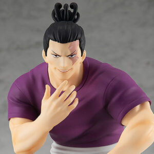 Figurine Pop Up Parade de Todo Aoi de la série Jujutsu Kaisen en t-shirt violet, en posture prête au combat avec un sourire confiant, vue de face à mi-distance.