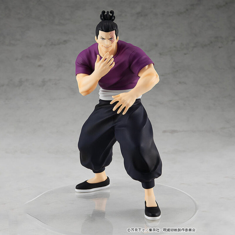 Figurine Pop Up Parade de Todo Aoi de la série Jujutsu Kaisen en t-shirt violet et pantalon noir, en posture assertive avec un sourire confiant, vue de face à mi-distance.