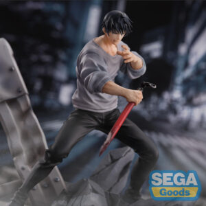 Figurine Toji Fushiguro de la série Jujutsu Kaisen en chemise grise et pantalon noir, en posture d'action avec expression déterminée, tenant un grand marteau rouge et noir. Vue de face à mi-distance.