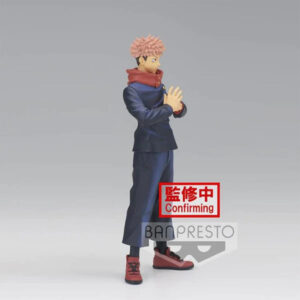 Figurine Funko Pop! de Yuji Itadori de la série Jujutsu Kaisen en uniforme bleu avec écharpe rouge, en posture de contemplation avec expression neutre. Vue de face à mi-distance.