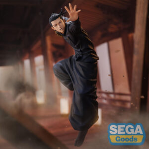 Figurine Suguru Geto de la série Jujutsu Kaisen en tenue traditionnelle sombre, en posture dynamique dans les airs avec expression intense, main tendue. Vue 3/4 à mi-distance.