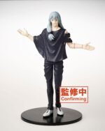 Figurine Taito de Mahito de la série Jujutsu Kaisen en vêtement noir avec motif, en posture confiante avec expression calme, portant des lunettes rondes. Vue 3/4 à mi-distance.