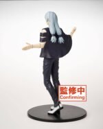 Figurine Mahito de la série Jujutsu Kaisen en haut asymétrique noir, en posture confiante vue de dos, sans expression visible. Vue 3/4 à mi-distance.