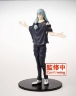 Figurine Mahito de la série Jujutsu Kaisen en haut asymétrique noir, en posture accueillante avec un léger sourire. Vue de face à mi-distance.