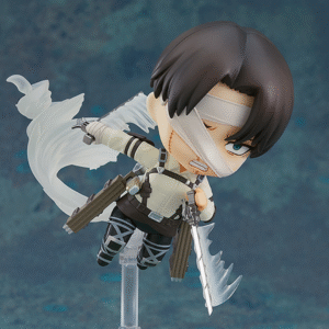 Vue 3/4 de face à mi-distance de la figurine Nendoroid de Levi Ackerman de Shingeki no Kyojin en uniforme militaire, tenant deux épées.