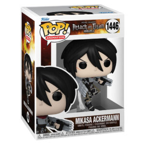 Vue 3/4 de face à mi-distance de la figurine Funko Pop! de Mikasa Ackerman d'Attack on Titan en uniforme de la Survey Corps, tenant ses lames.