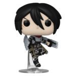 Vue 3/4 de face à mi-distance de la figurine Funko Pop de Mikasa Ackerman de l'Attaque des Titans en uniforme militaire, tenant des lames.