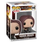Vue 3/4 de face en gros plan de la figurine Funko Pop! de Sasha Braus de Shingeki no Kyojin en uniforme du Corps d'Exploration.
