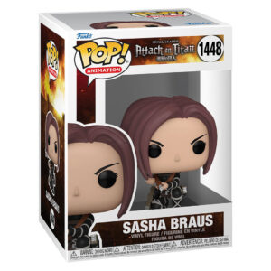 Vue 3/4 de face en gros plan de la figurine Funko Pop! de Sasha Braus de Shingeki no Kyojin en uniforme du Corps d'Exploration.