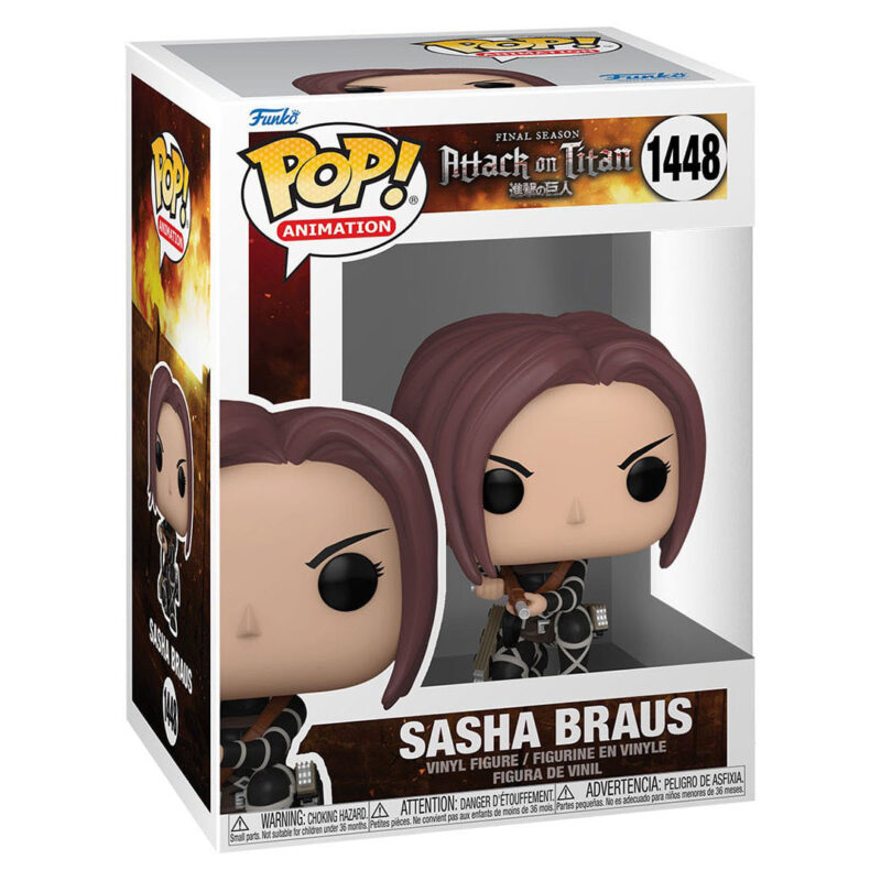 Vue 3/4 de face en gros plan de la figurine Funko Pop! de Sasha Braus de Shingeki no Kyojin en uniforme du Corps d'Exploration.