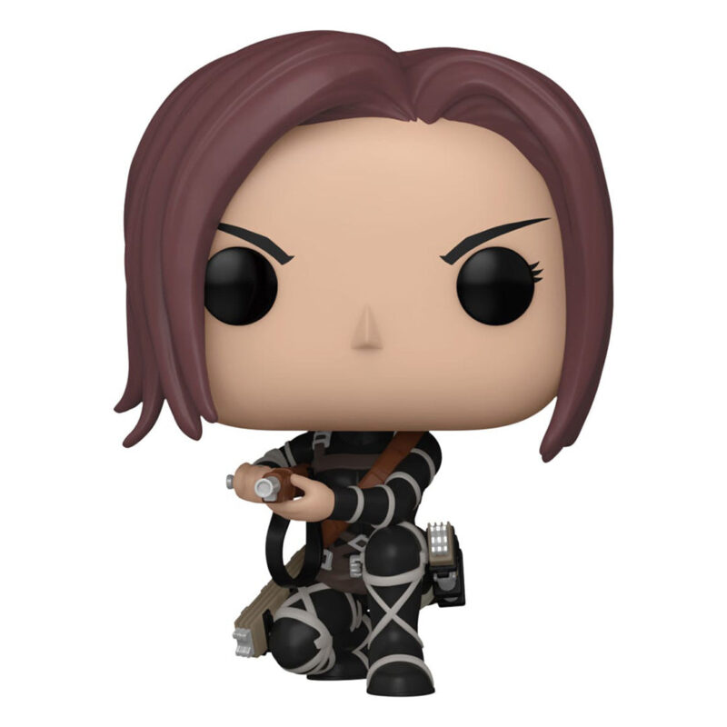 Vue 3/4 de face à mi-distance de la figurine Funko Pop! de Sasha Braus d'Attack on Titan en tenue de combat, tenant un équipement.