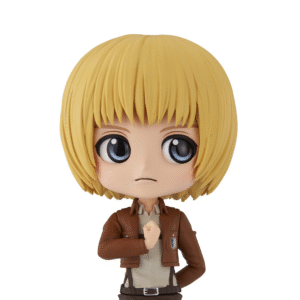 Vue de face en plan rapproché moyen de la figurine Nendoroid d'Armin Arlert de Shingeki no Kyojin en uniforme des Corps d'Exploration, montrant une expression déterminée.
