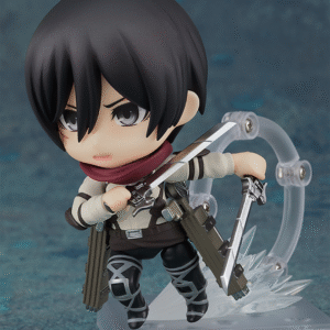 Vue 3/4 de face à mi-distance de la figurine Nendoroid de Mikasa Ackerman de Attack on Titan en uniforme des Corps d'Exploration, tenant des épées avec équipement de manœuvre vertical.