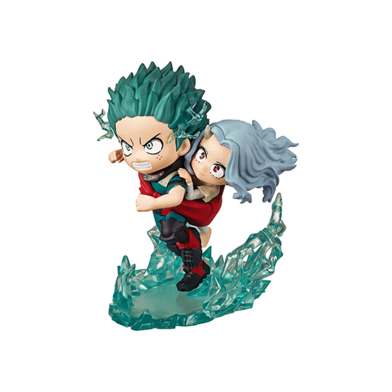 Vue 3/4 de face à mi-distance de la figurine de Izuku Midoriya et Uraraka Ochako de My Hero Academia, en costume de héros, avec effets dynamiques.