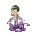 Vue légèrement élevée en plan rapproché moyen de la figurine Sasaki Mirai de My Hero Academia en costume gris clair.