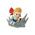 Vue 3/4 de face à mi-distance de la figurine Mirio Togata de My Hero Academia en costume de héros sur une base rocheuse.