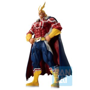 Vue 3/4 de face à mi-distance de la figurine d'All Might de My Hero Academia en costume de super-héros avec une cape et un large ceinture.