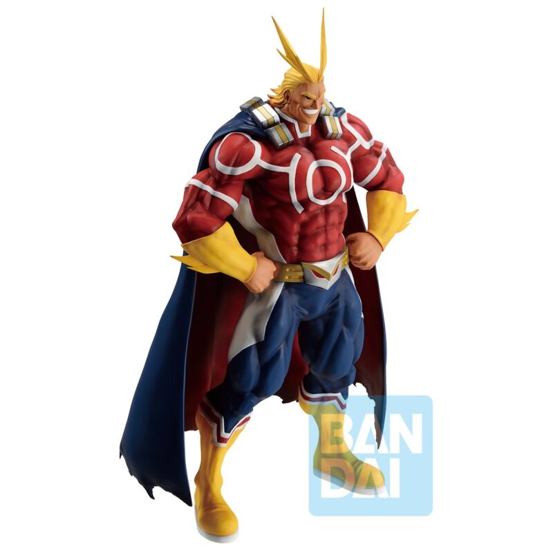 Vue 3/4 de face à mi-distance de la figurine Ichibansho d'All Might de My Hero Academia en costume de héros, mains sur les hanches, sourire confiant.