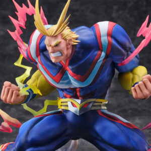 Vue 3/4 de face à mi-distance de la figurine de All Might de My Hero Academia en costume de héros, avec des effets d'énergie autour de lui.