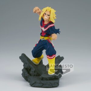 Vue 3/4 de face à mi-distance de la figurine de All Might de My Hero Academia en costume de super-héros, sur une base en débris.